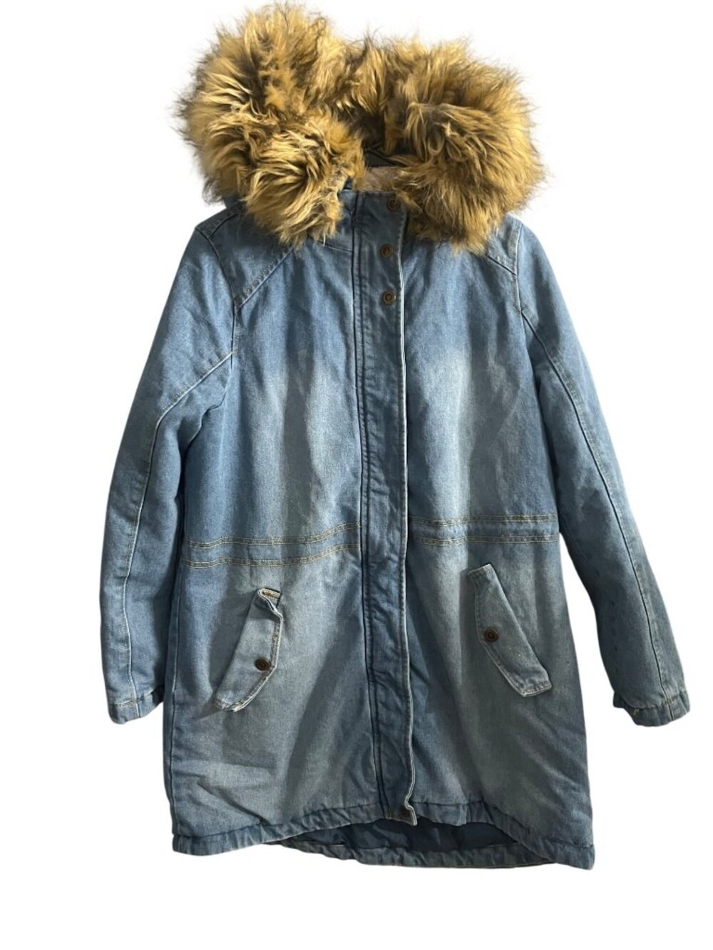 Urban Republic Blue Denim Parka With Faux Fur Trim Hood Coat Womens M